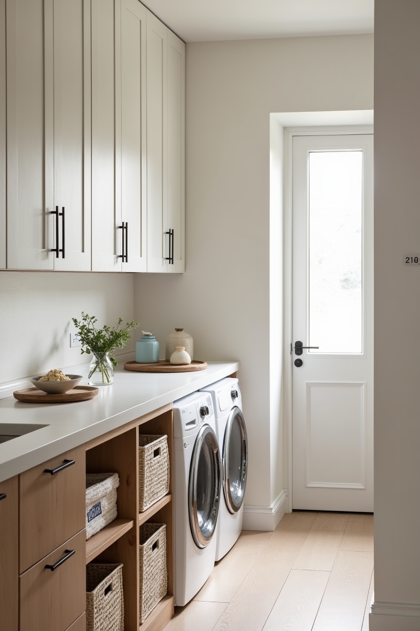 warm white laundry room countertop ideas — pull-out slatted trays and labeled linen baskets beneath the counter featuring reclaimed oak base with visible dovetail joins