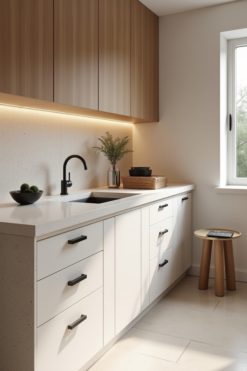 warm white laundry room countertop ideas — deep undermount sink with matte black pulls visible at drawer face featuring large warm white terrazzo slab with ochre chips