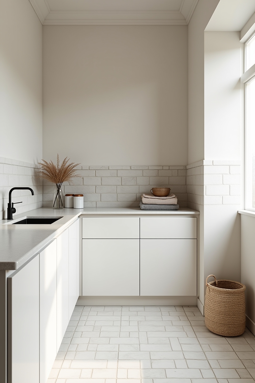 warm white laundry room countertop ideas — stack of folded towels and labeled canisters arranged on the tiled counter featuring high-gloss four-by-four warm white tile counter with charcoal grout