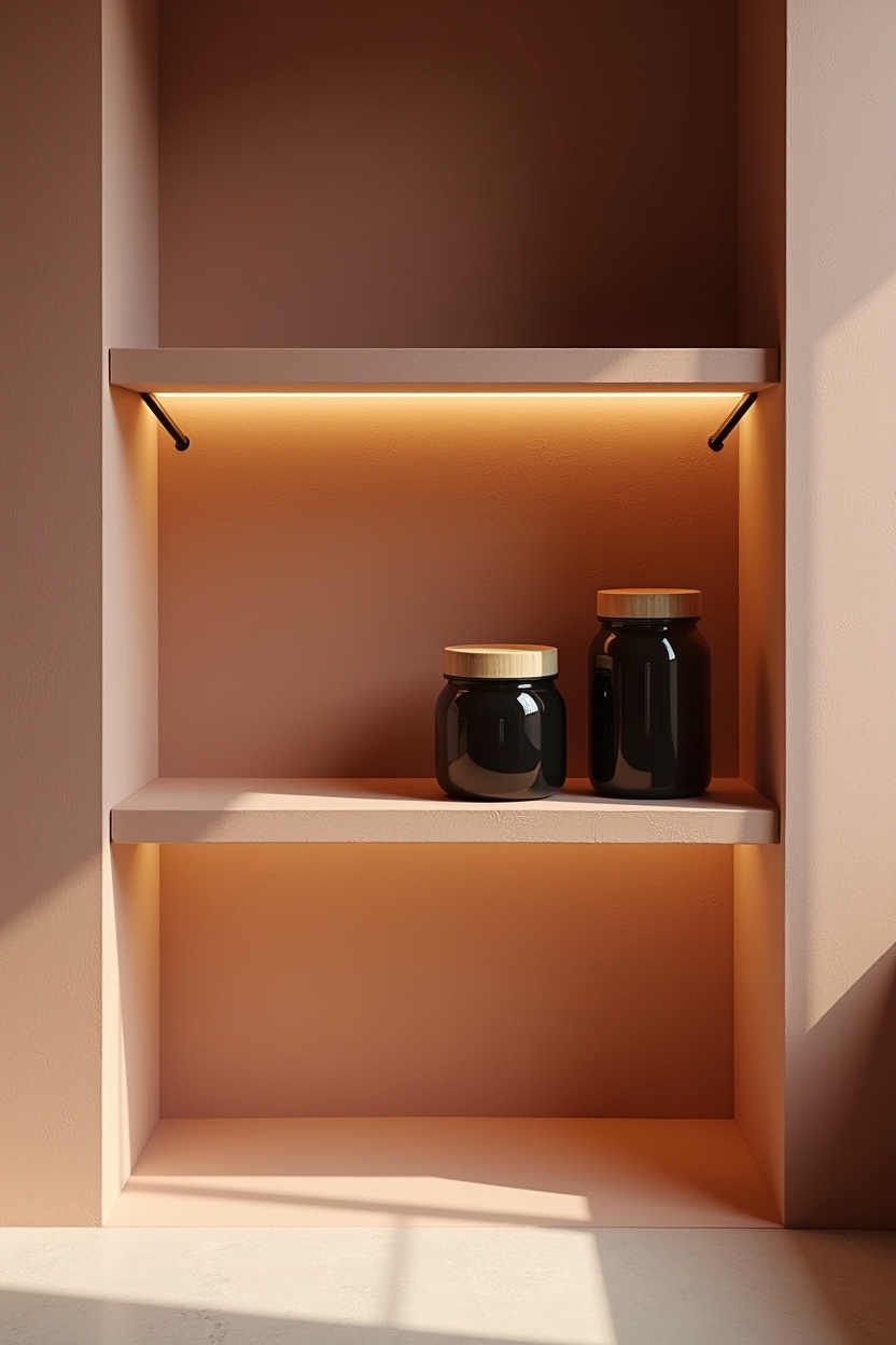 open terracotta slab shelving with integrated warm LED strips home decor