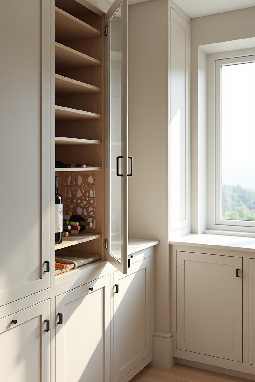 inset pale ash cabinet with rattan wine cubbies home decor
