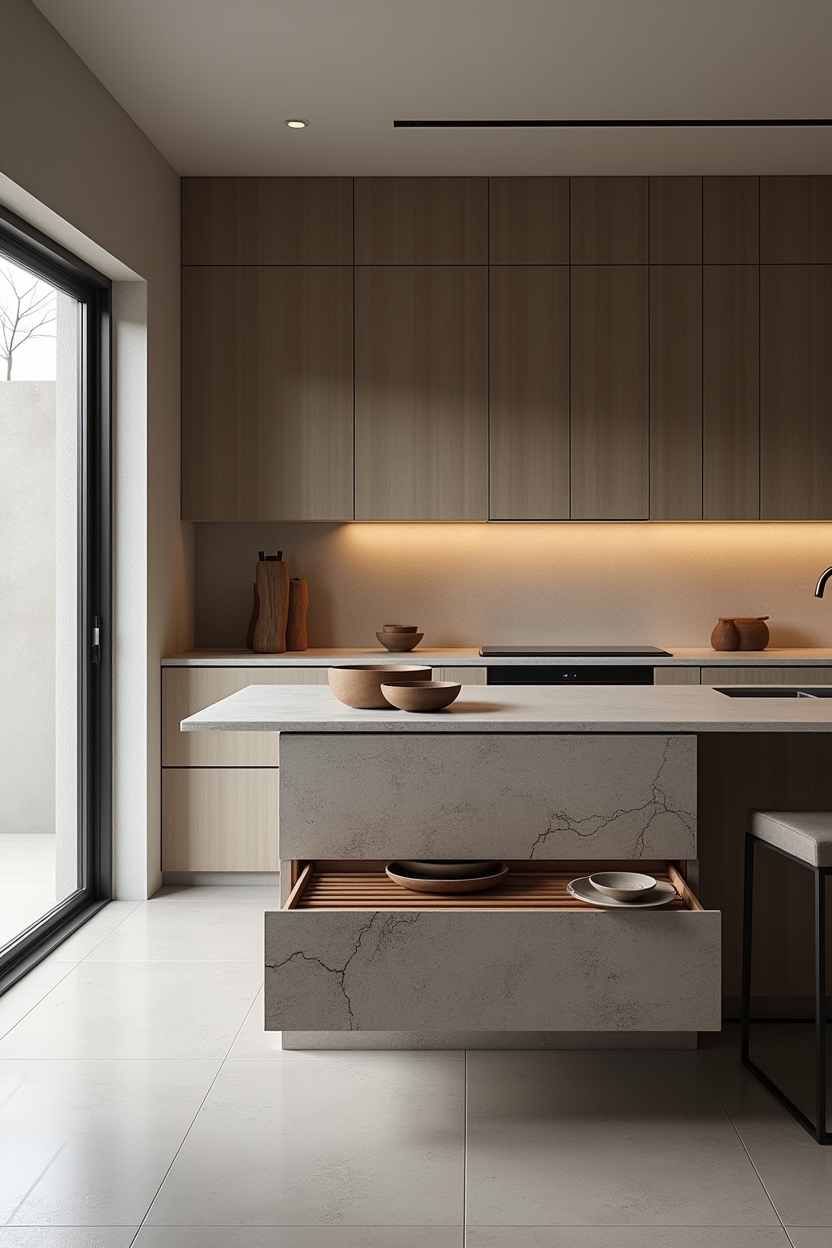 low izakaya-style island with integrated slatted drawers home decor