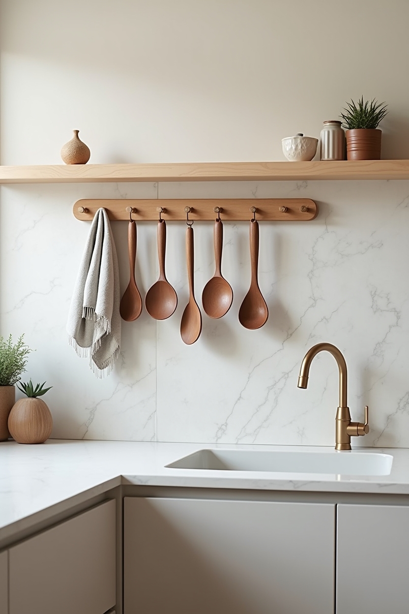 floating ash-wood rail with hanging teak utensils home decor