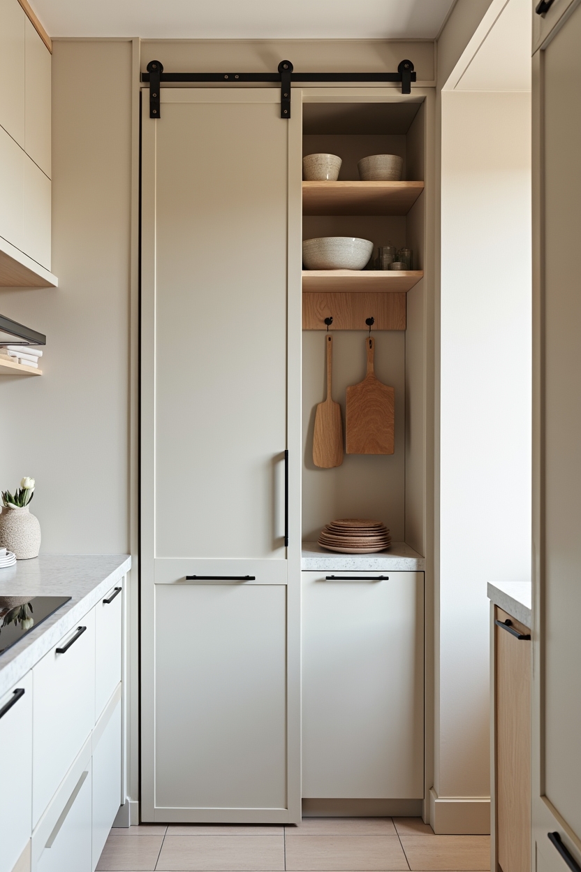 concealed sliding shoji pantry doors with built-in pegboard home decor