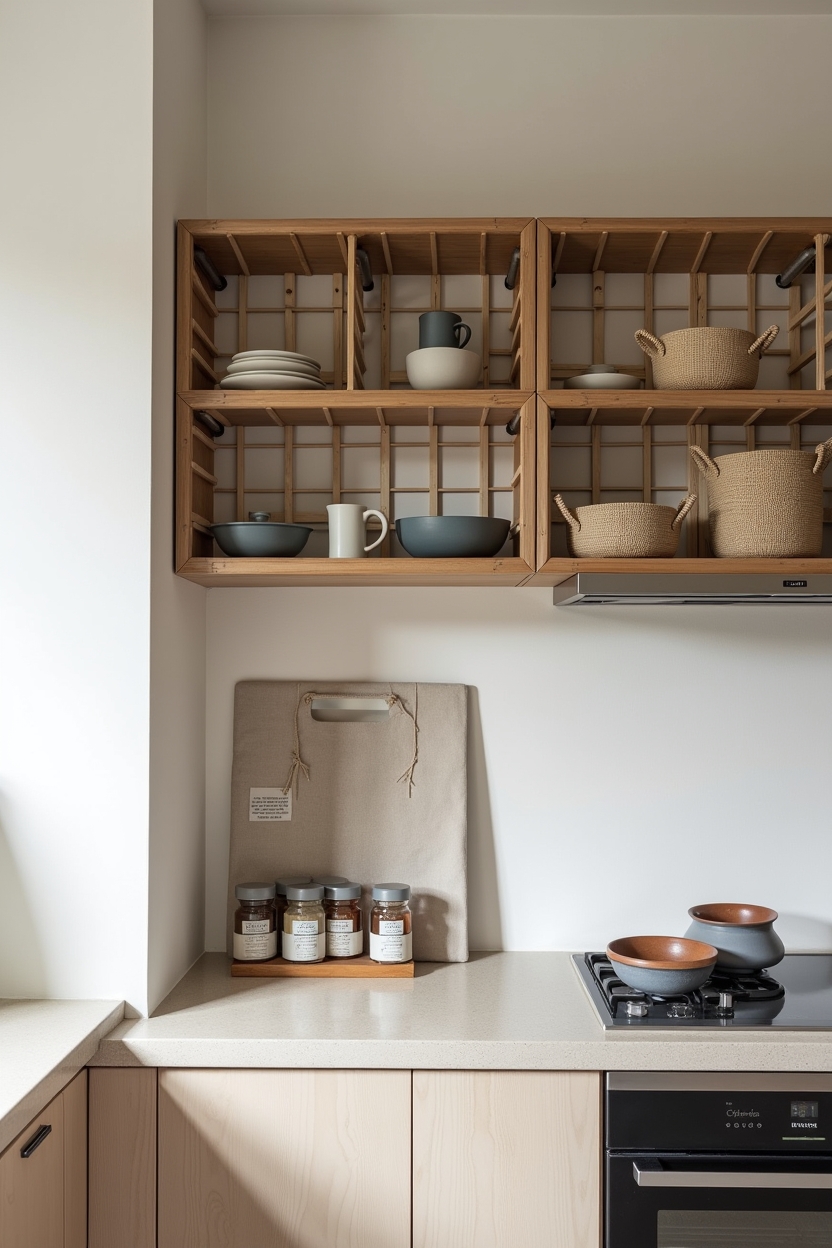 open-grid bamboo shelf with ceramics and baskets home decor