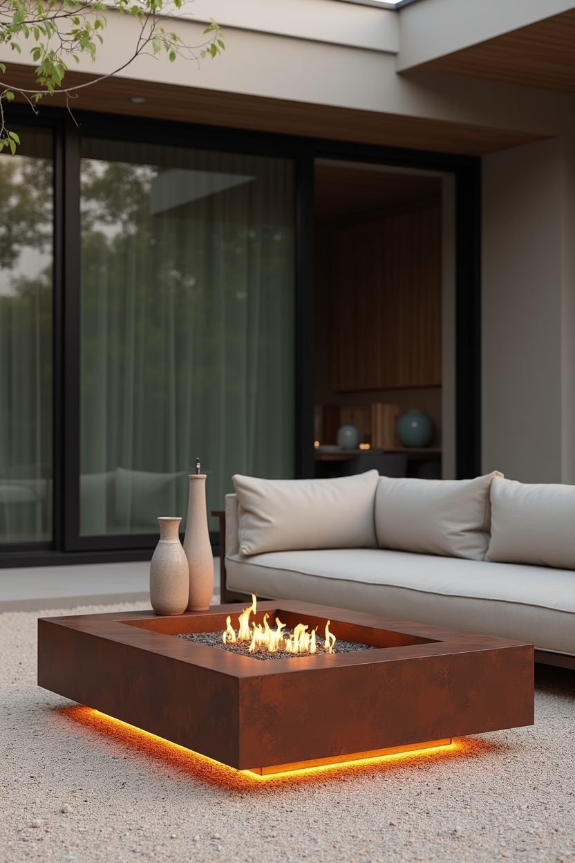 Corten steel firebox table with integrated halo lighting home decor