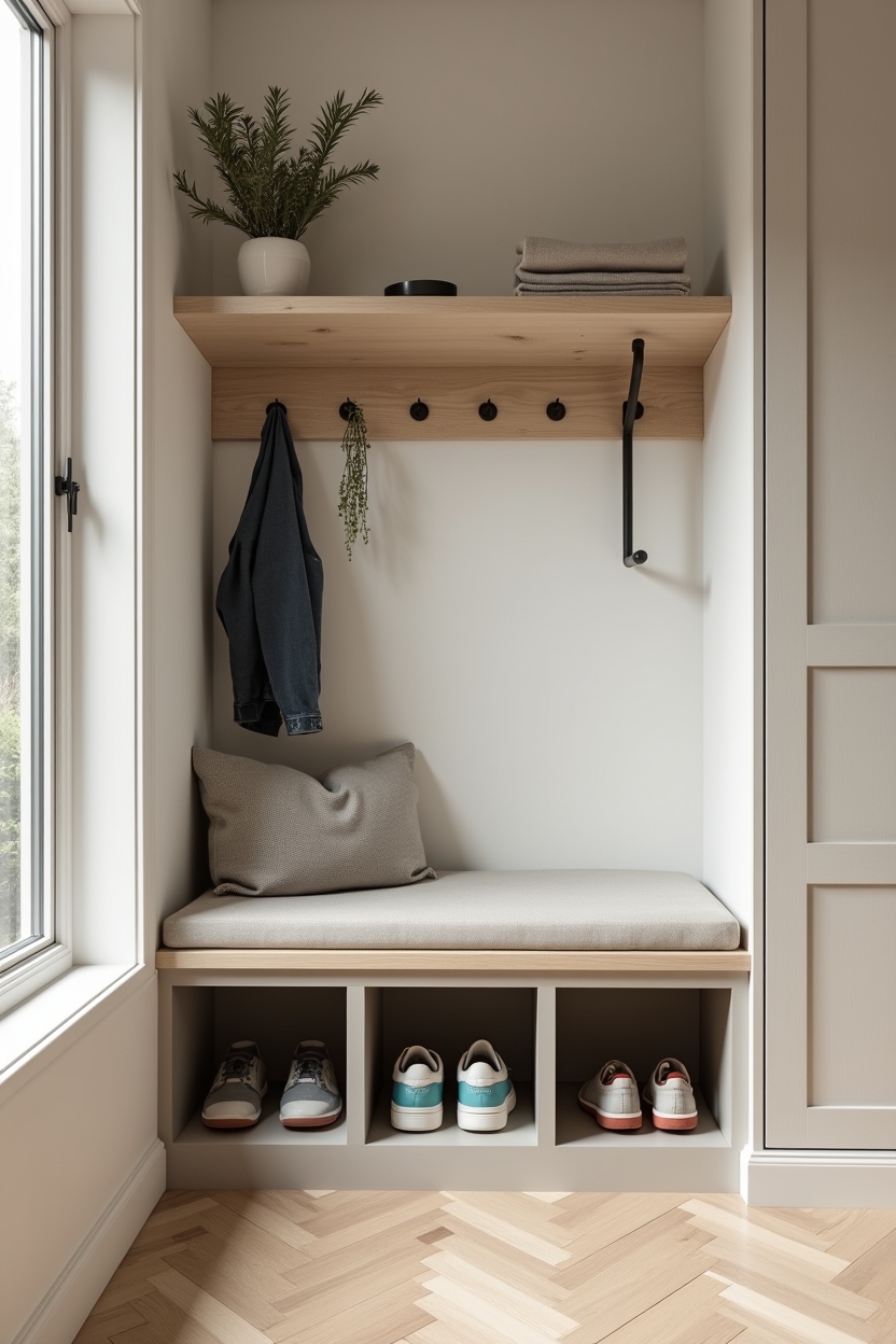 budget laundry room decor — compact bench with visible cubby openings featuring mini mudroom bench with open shoe cubbies