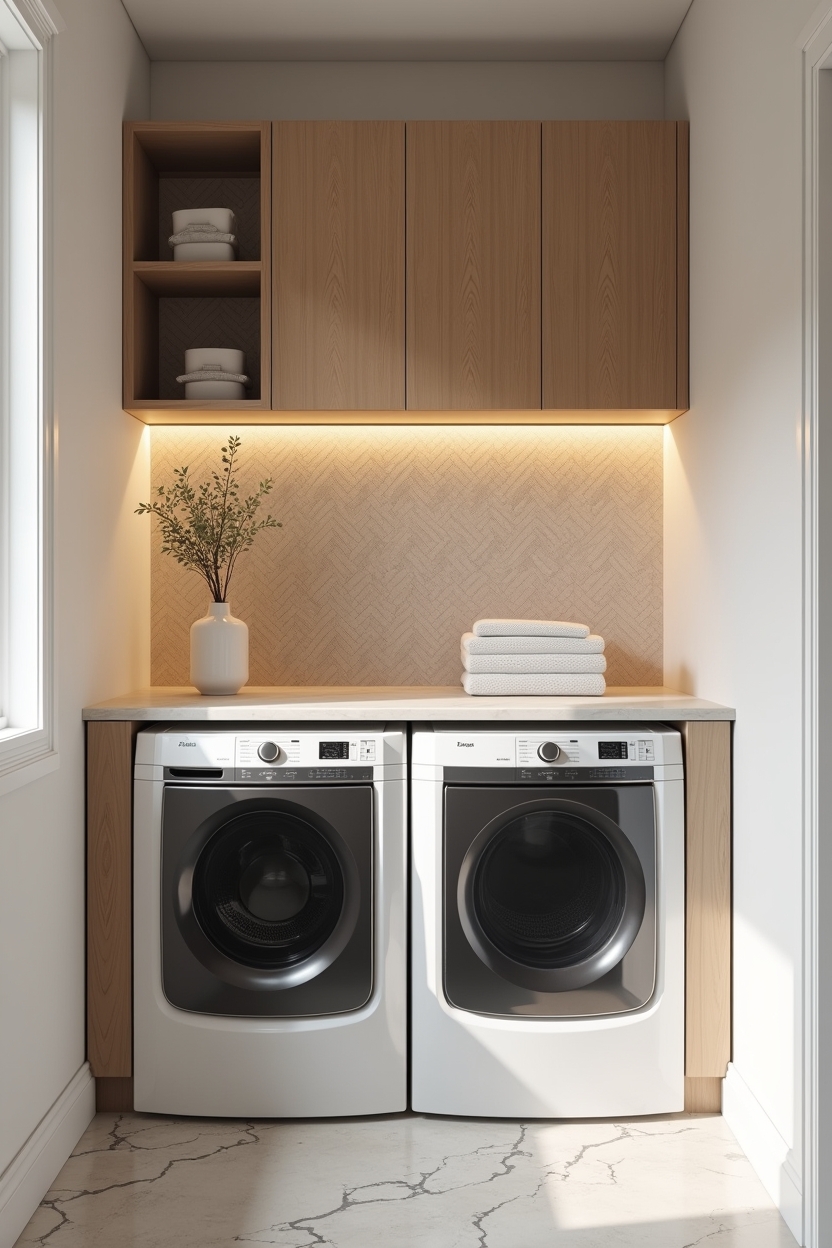 budget laundry room decor — patterned wallpaper panel (bold geometric or botanical) featuring centered removable graphic wallpaper panel behind machines