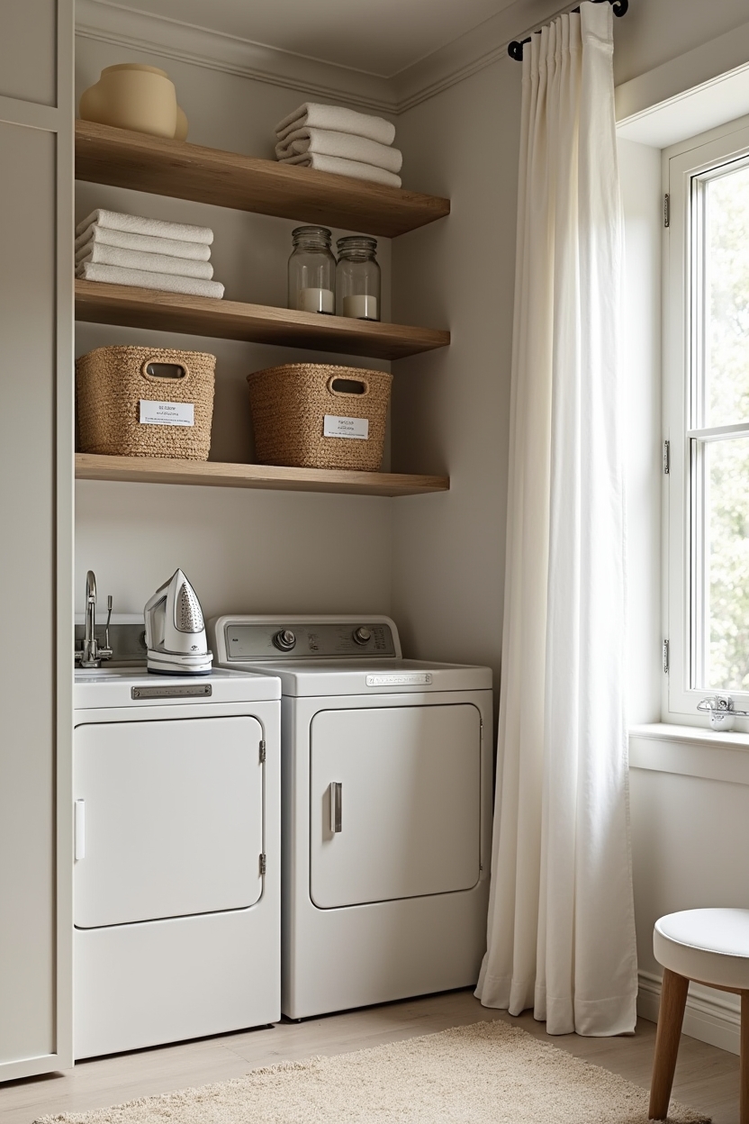 budget laundry room decor — open rattan shelf (with visible woven bins) featuring open rattan shelving styled with woven seagrass bins