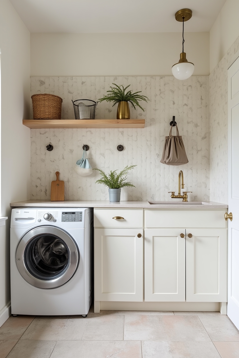 budget laundry room decor — galvanized wire basket (staggered, visible hooks) featuring painted pegboard wall with staggered wire baskets