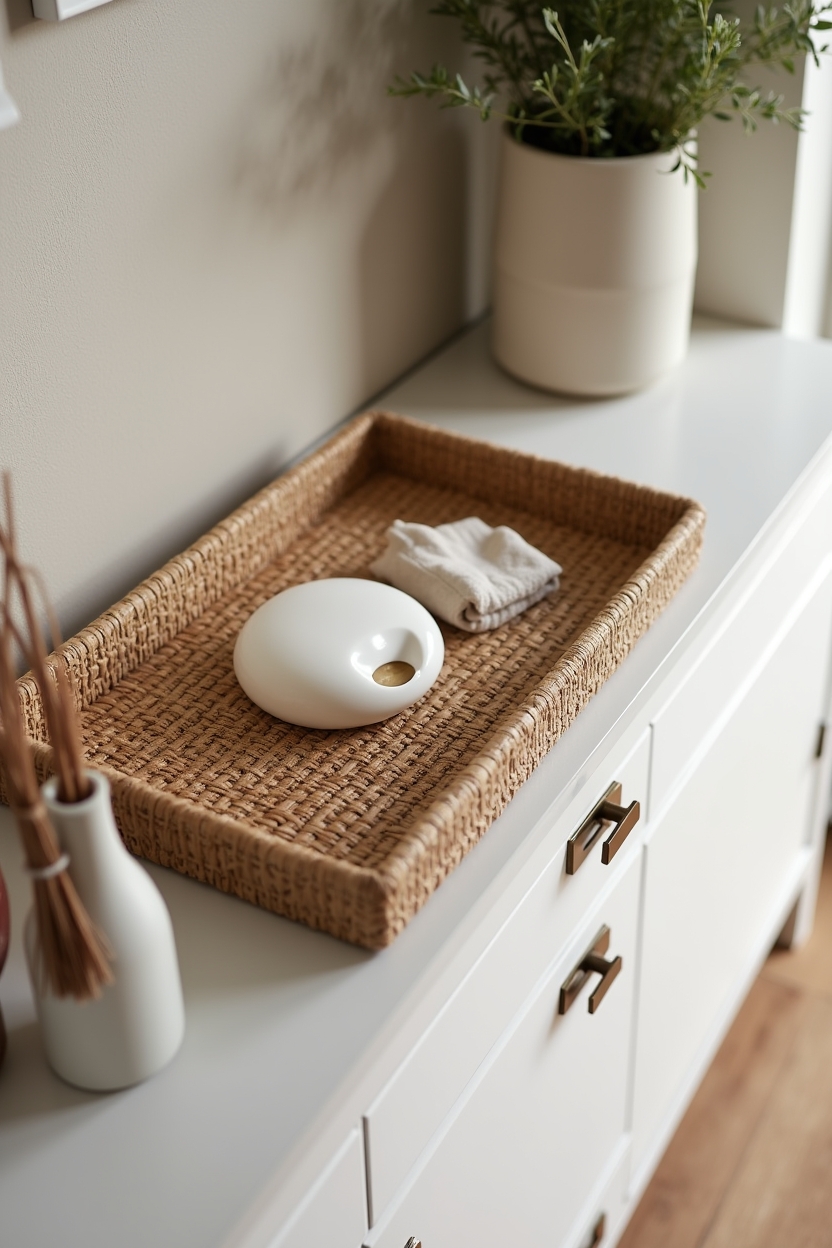 spa inspired entryway storage ideas — handwoven rattan valet tray featuring handwoven rattan valet tray vignette