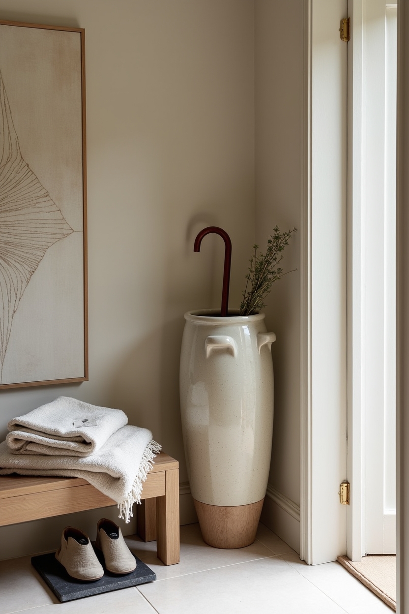 spa inspired entryway storage ideas — tall pebble-glazed ceramic crock featuring pebble-glazed umbrella crock with leather loop details