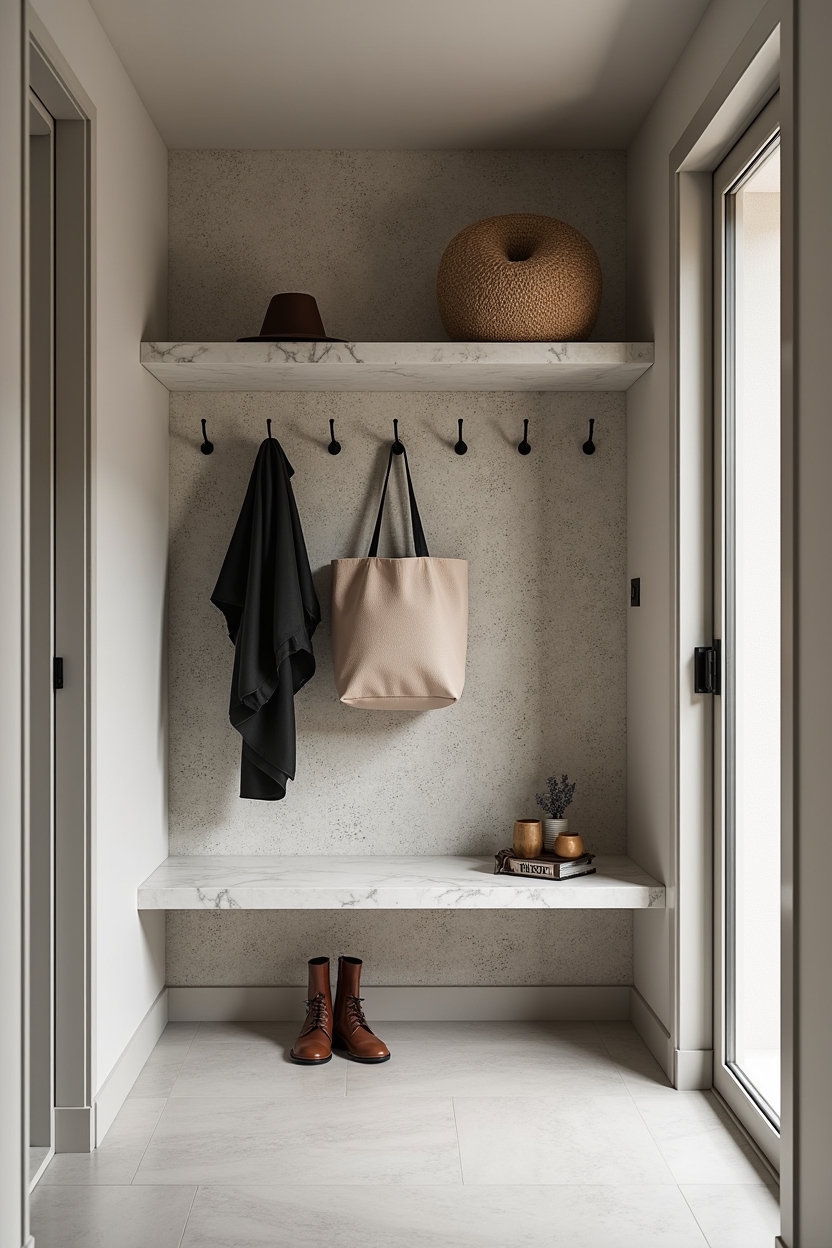 spa inspired entryway storage ideas — pebble mosaic hook panel featuring monochrome pebble mosaic hook cluster