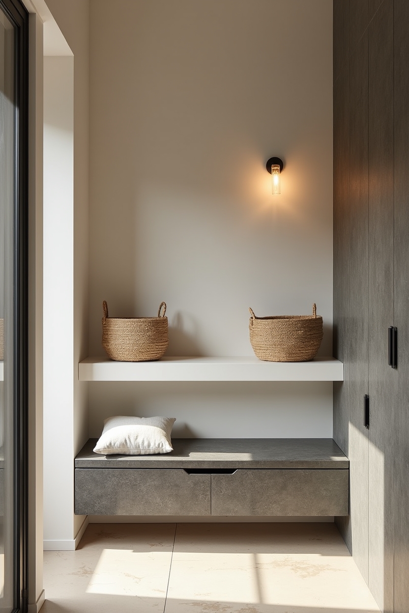 spa inspired entryway storage ideas — slim honed basalt bench featuring honed basalt bench with concealed drawer