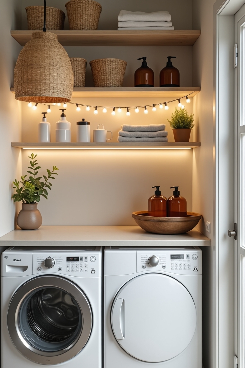 brown cozy laundry room decor — woven rattan pendant light featuring rattan_pendant_ambient_lighting