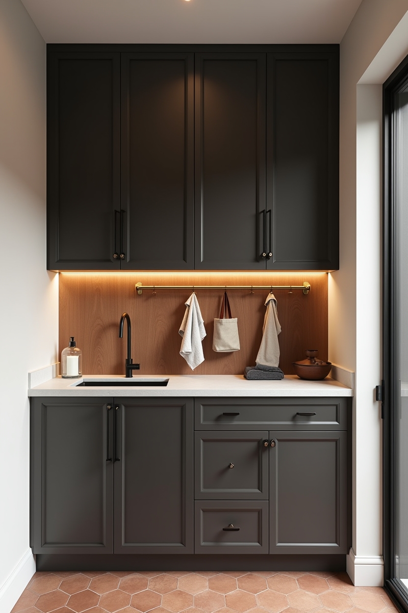 brown cozy laundry room decor — matte espresso cabinet door featuring matte_espresso_cabinet_fronts