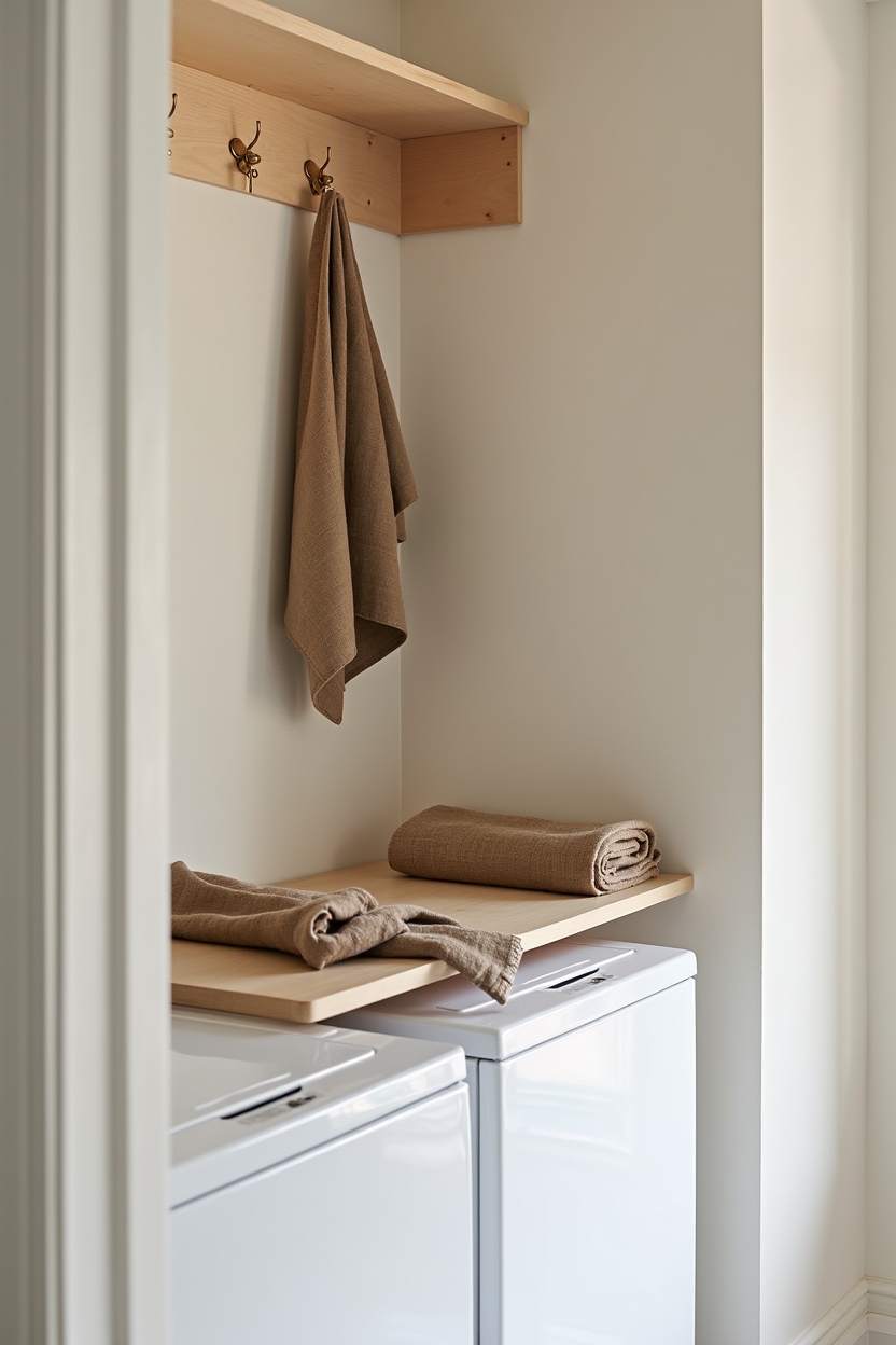brown cozy laundry room decor — wall-mounted fold-down maple shelf featuring fold-down_maple_drying_shelf