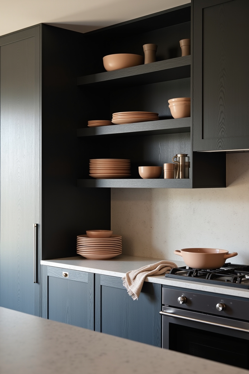 open slatted shelving with warm stoneware home decor