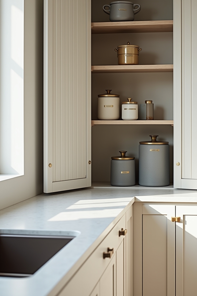 grouped matte stoneware canisters with brushed brass lids home decor
