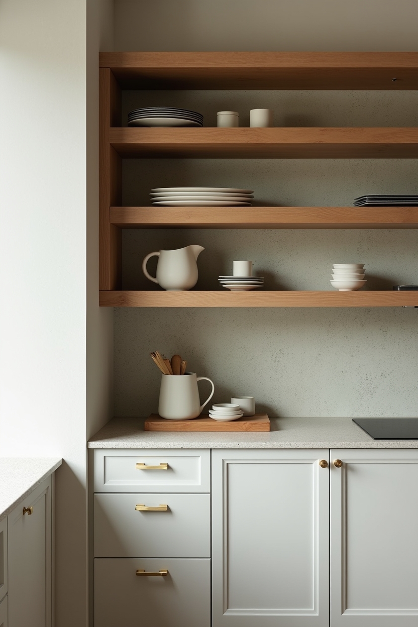 stepped staggered oak shelving of varying depths home decor