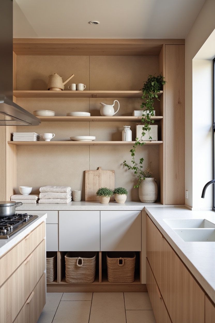 hand-troweled warm clay plaster accent wall behind open shelving home decor