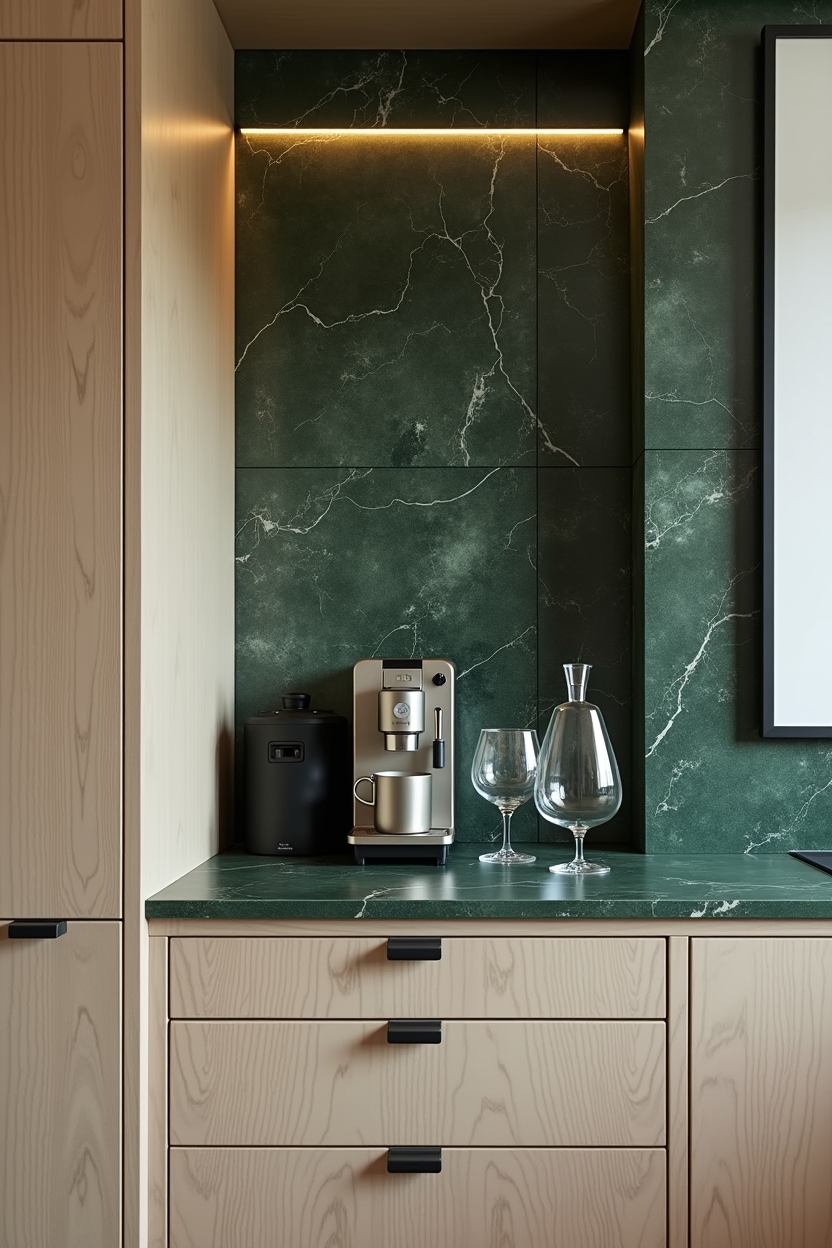 leathered green marble-lined beverage alcove with integrated thin LED strip home decor