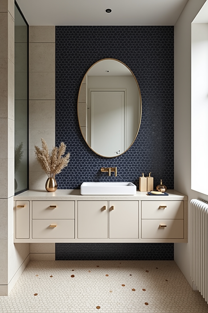 deep navy fish-scale mosaic backsplash home decor