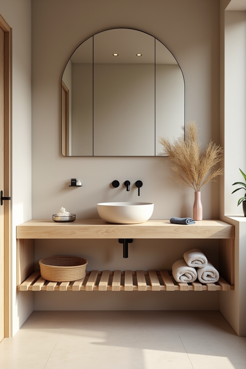 warm ash floating vanity with open slatted shelf home decor