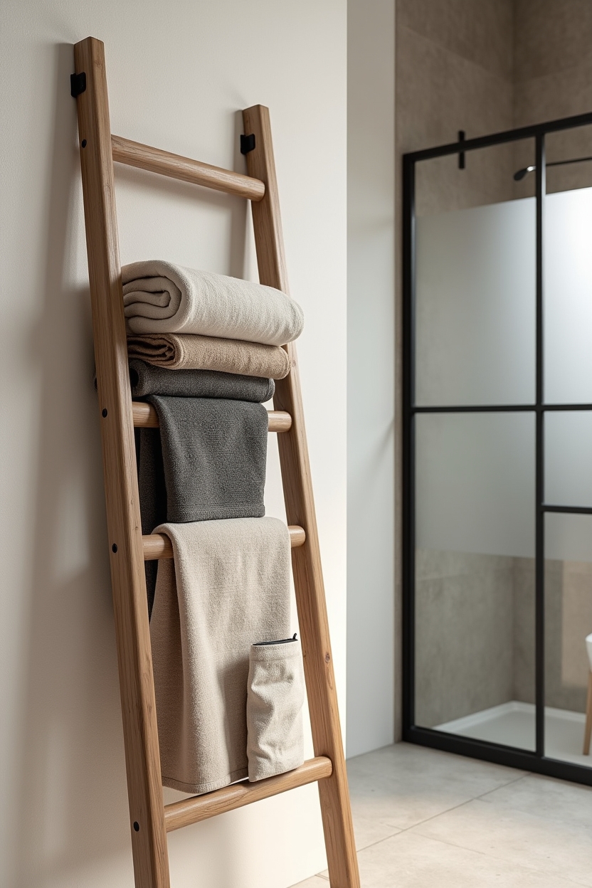 oak ladder towel rail with layered neutral textiles home decor