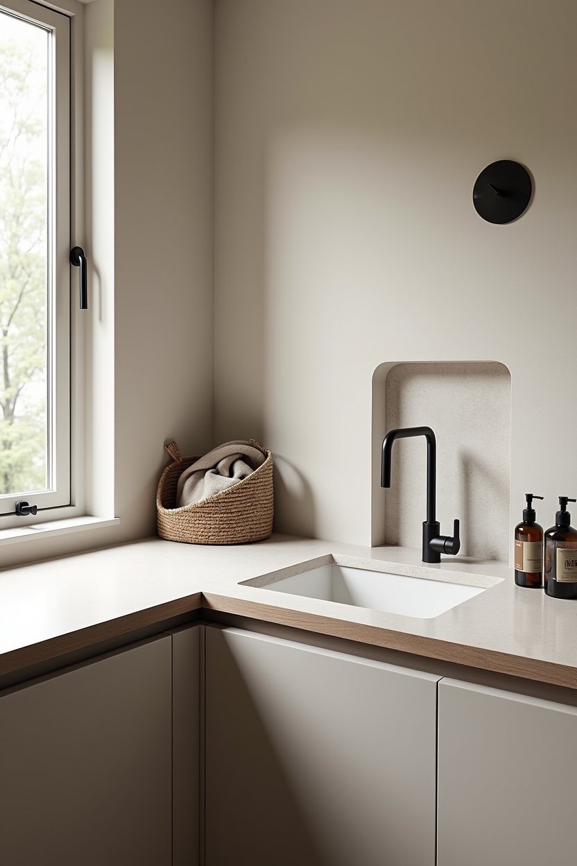 fall cozy laundry room countertop ideas — wicker basket on counter featuring honed limestone slab countertop