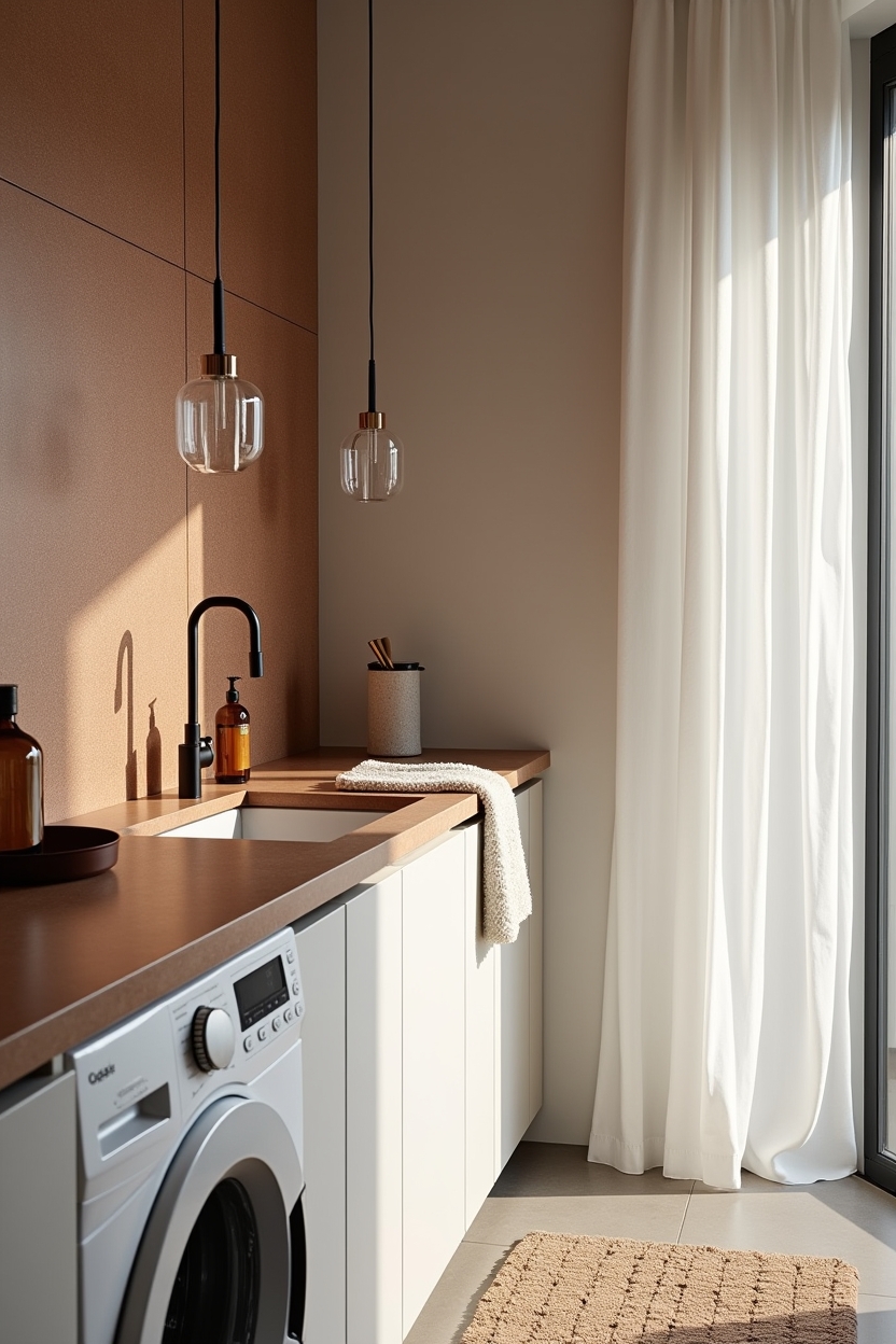 fall cozy laundry room countertop ideas — rust terrazzo splashback behind sink featuring rust-hued terrazzo splashback
