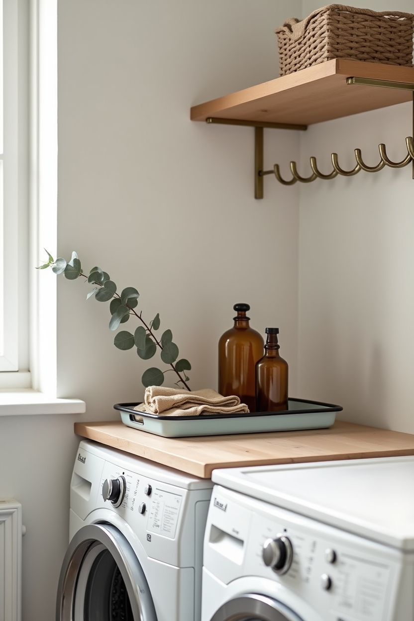fall cozy laundry room countertop ideas — vintage enamel tray centered on counter featuring vintage enamel tray vignette