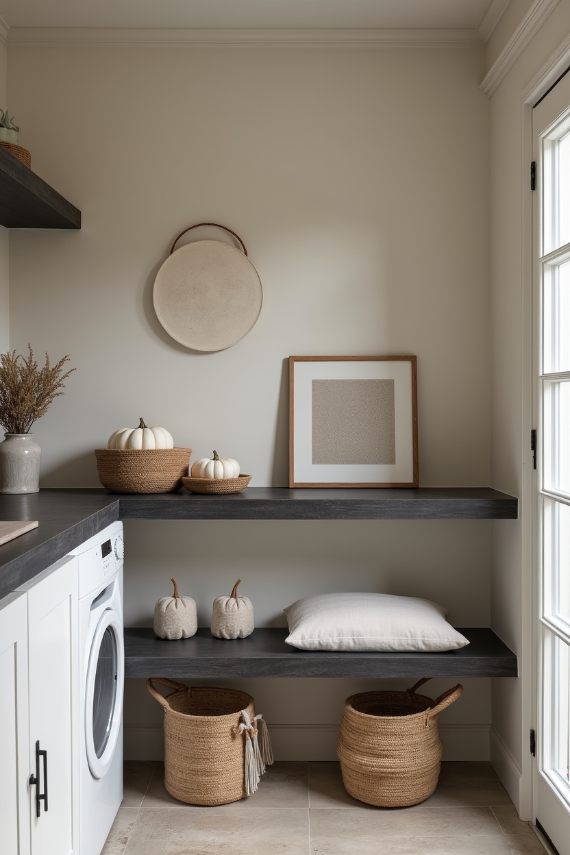 fall cozy laundry room countertop ideas — soot-black floating ledge with seasonal props featuring soot-black floating ledge