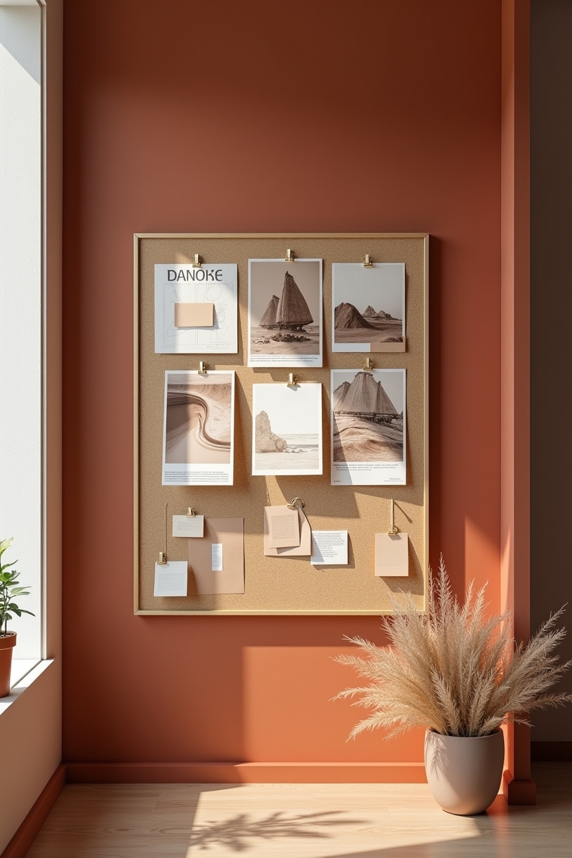 terracotta moody office ideas — painted terracotta corkboard featuring monochrome painted terracotta cork pinboard with curated photo grid