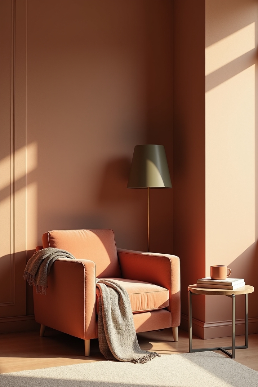 terracotta moody office ideas — rust velvet armchair featuring layered terracotta clay accessories vignette