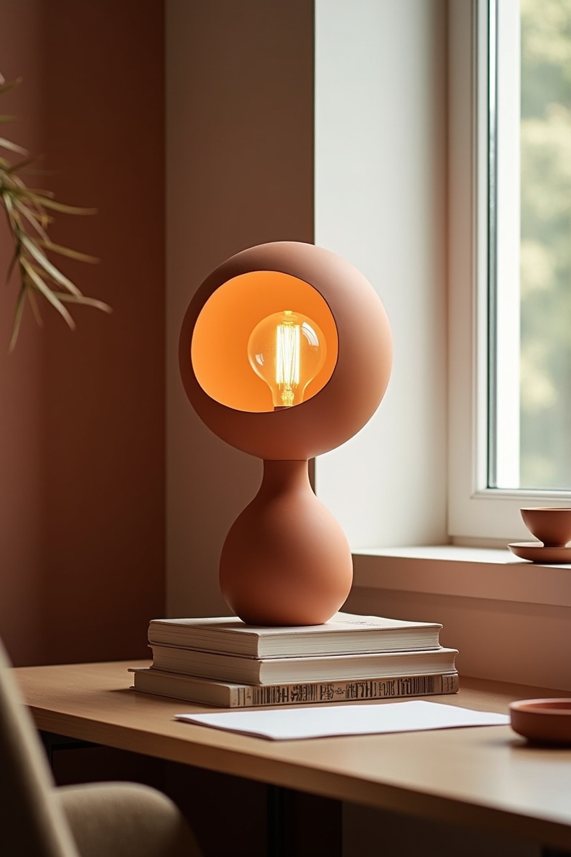 terracotta moody office ideas — bulbous terracotta table lamp featuring bulbous sculptural terracotta table lamp with filament bulb