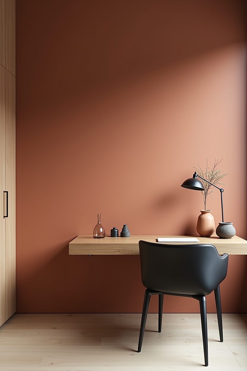 terracotta moody office ideas — walnut floating desk featuring hand-troweled terracotta plaster accent wall