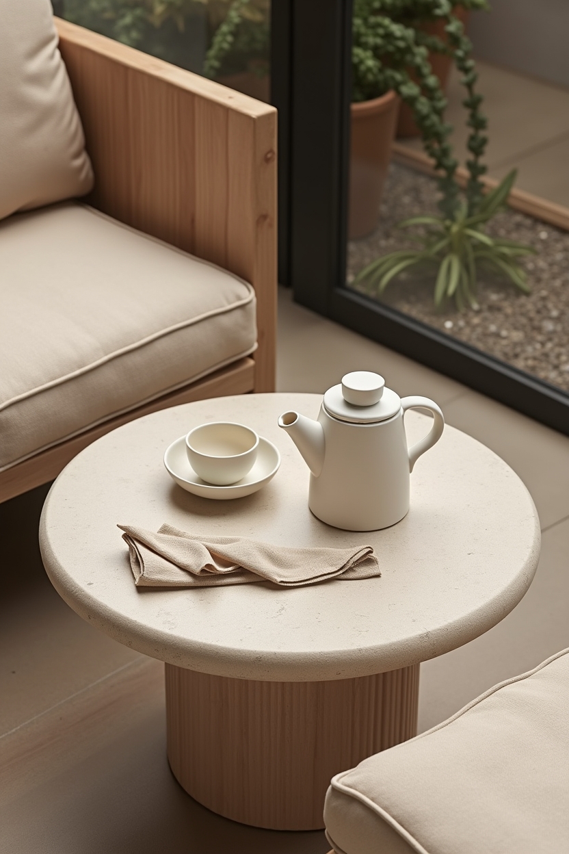 rounded_stone_side_table_with_ceramic_sake_set home decor