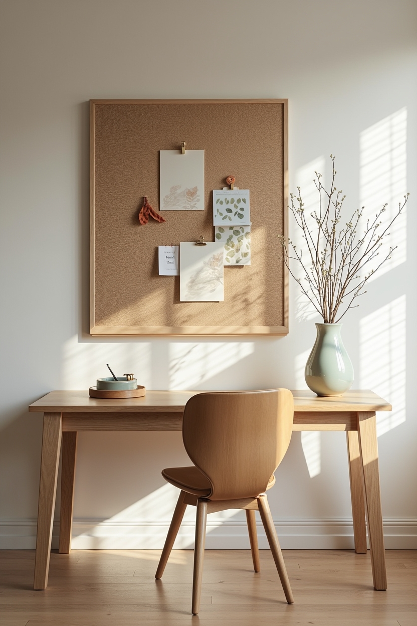 california coastal minimal home office ideas — hand-stitched woven jute pinboard mounted above desk featuring woven jute pinboard