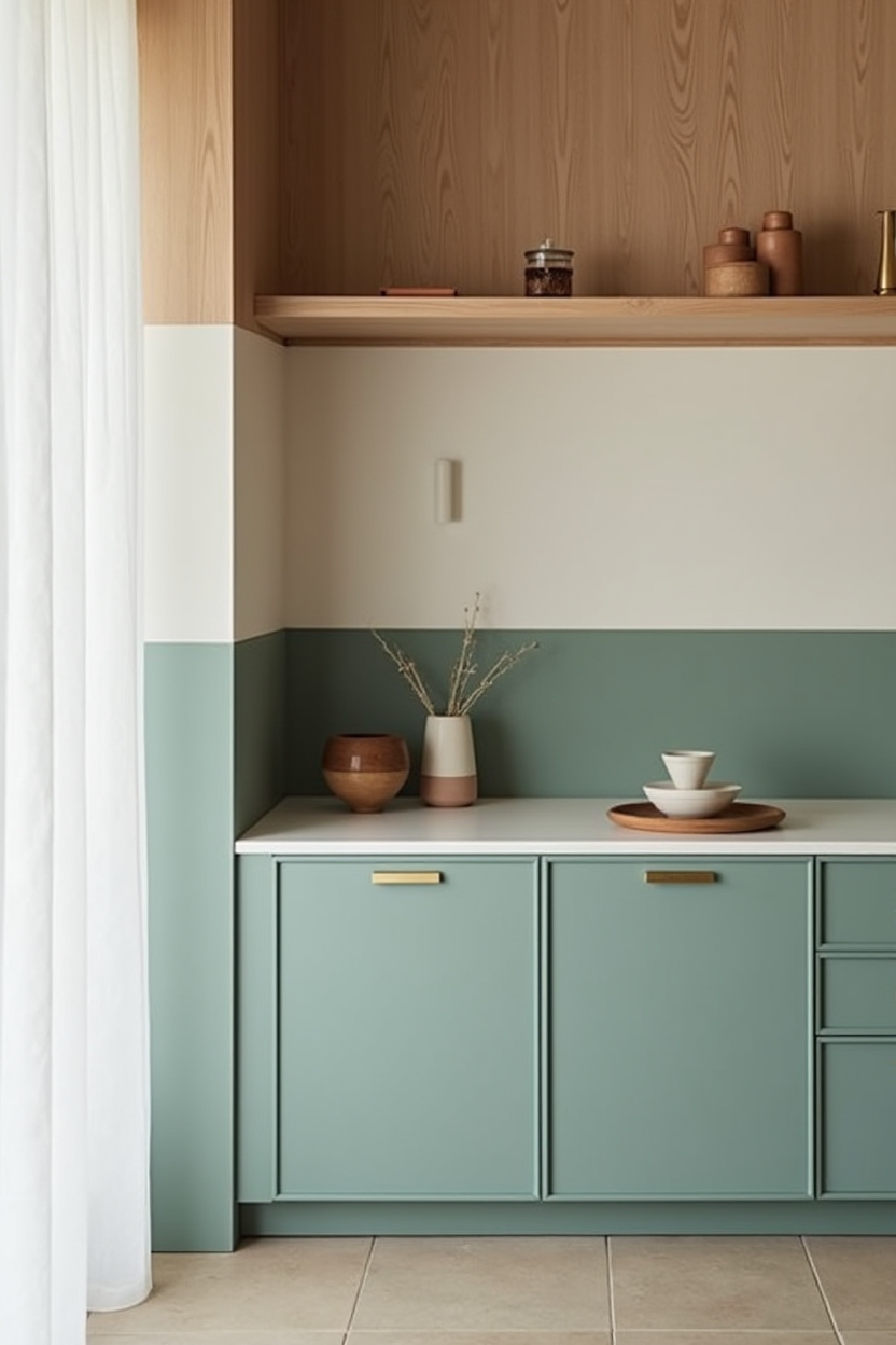 california coastal minimal home office ideas — low built-in sea-glass credenza with recessed brass grommets featuring built-in sea-glass credenza