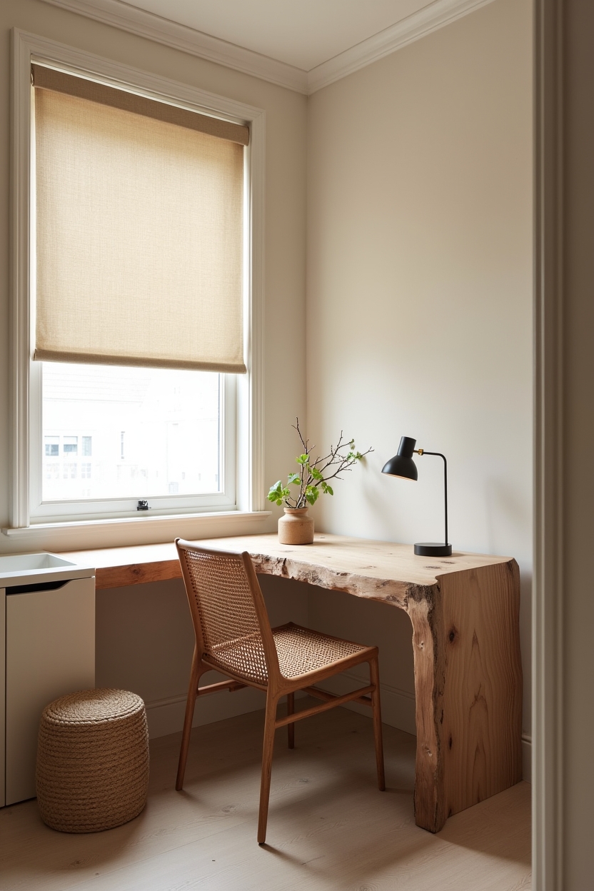 california coastal minimal home office ideas — driftwood floating desk with exposed raw edge featuring reclaimed driftwood floating desk