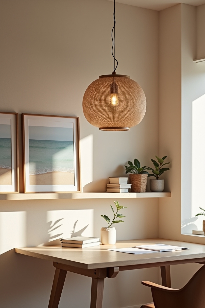 california coastal minimal home office ideas — round seagrass pendant light centered over desk featuring round handwoven seagrass pendant