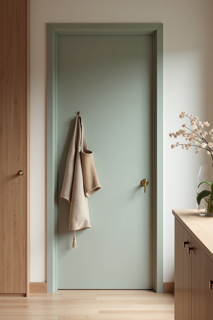Spring 2026 trends: What's taking over budget small pantries — muted sage matte painted pantry door with a single brass hook and hanging apron featuring sage matte spray-painted pantry door