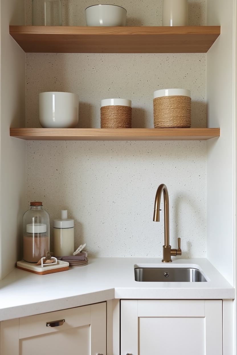 Spring 2026 trends: What's taking over budget small pantries — micro-terrazzo patterned back wall directly behind shelves featuring micro-terrazzo peel-and-stick accent wall