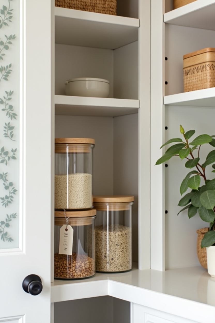 Spring 2026 trends: What's taking over budget small pantries — three-high clear acrylic canister tower with matching light-wood lids featuring stackable clear acrylic canister towers with wood lids
