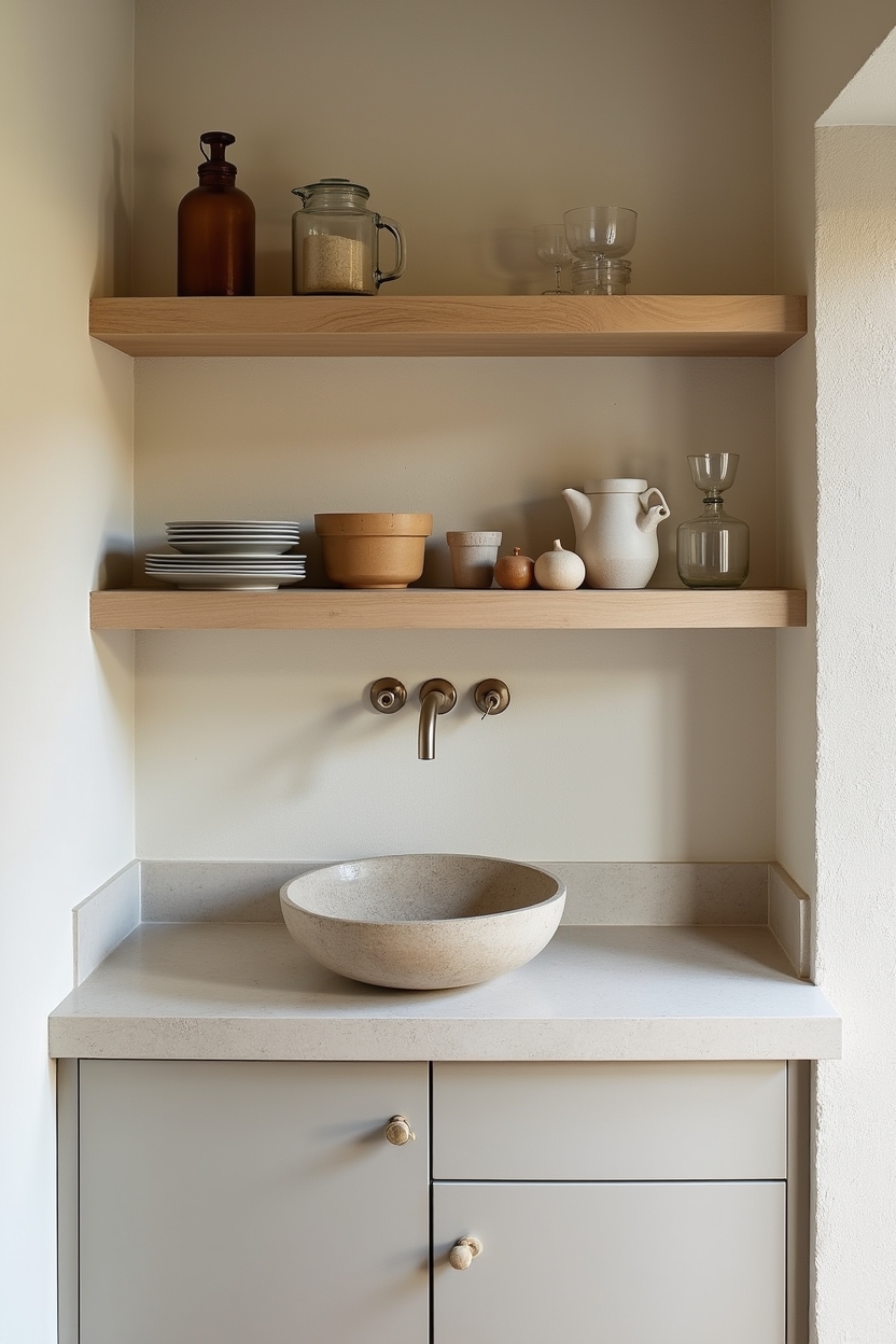 limewash plaster wall with floating pale ash open shelving home decor