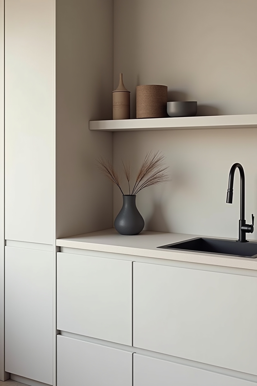 intentional negative space on open shelf with one asymmetrical vase holding a dried stem home decor