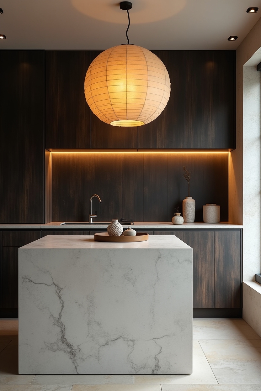honey-warm paper pendant glowing above island against charred shou sugi ban backsplash home decor