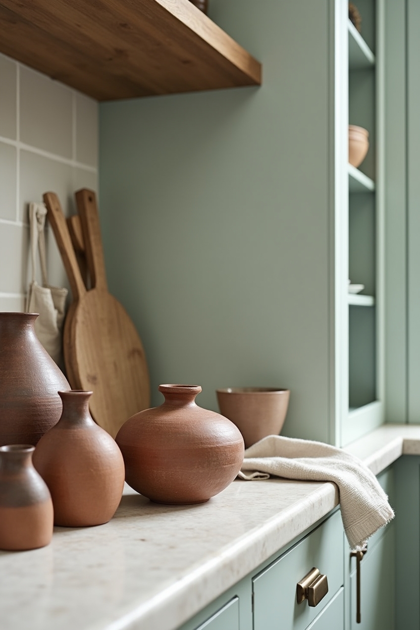 countertop vignette of varying-height ceramic forms beside aged cast bronze tab pulls home decor