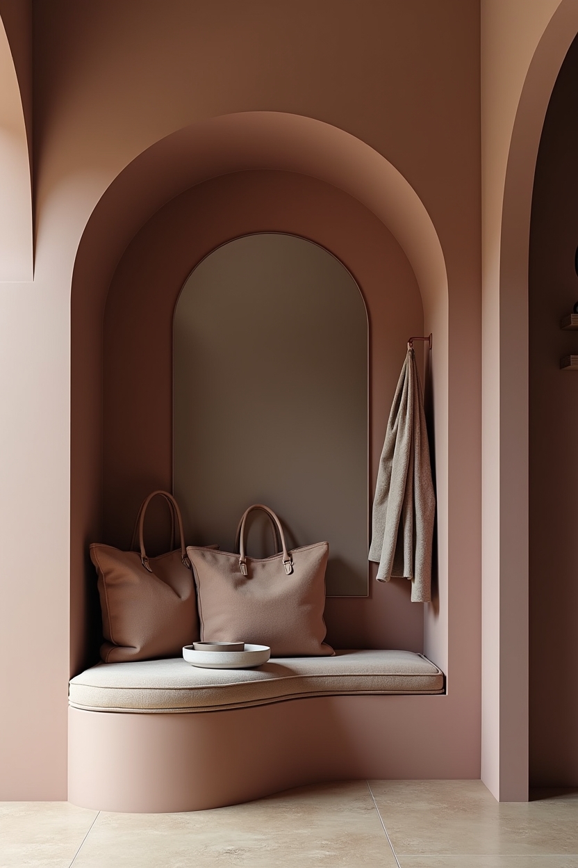 built in small entryway ideas — velvet bench in arched niche featuring curved arched built-in niche with velvet upholstered bench